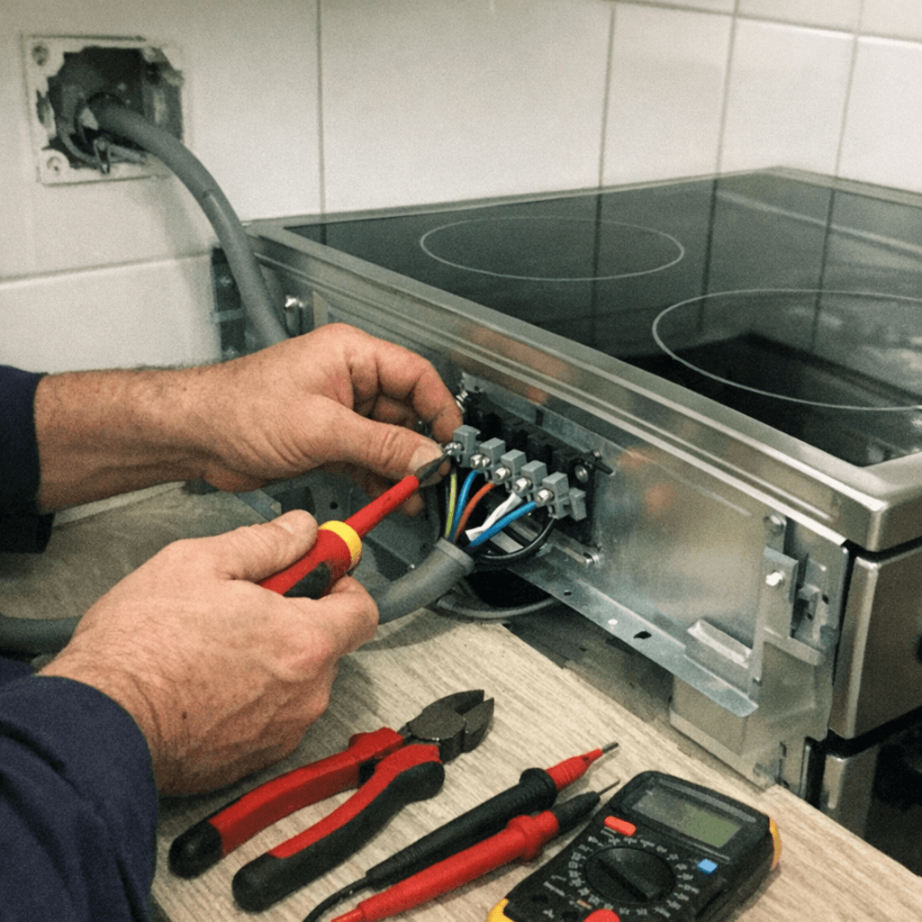 Elektriker kniet vor dem geöffneten Küchensockel und misst an der Herdanschlussdose mit einem Multimeter