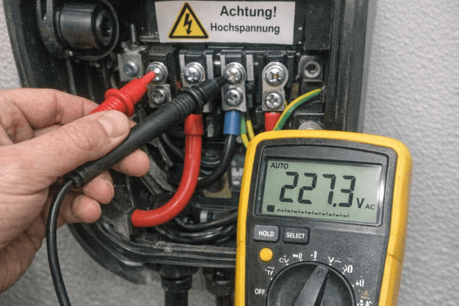 Multimeter misst an der geöffneten Herdanschlussdose, Messwerte liegen bereit