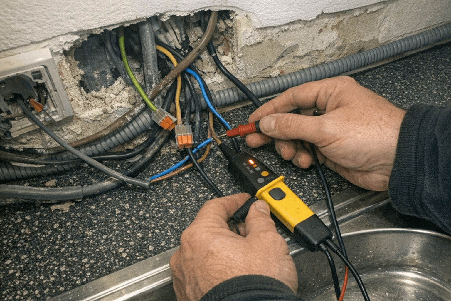 Techniker prüft Anschlüsse in der Herdanschlussdose mit einem Spannungsprüfer