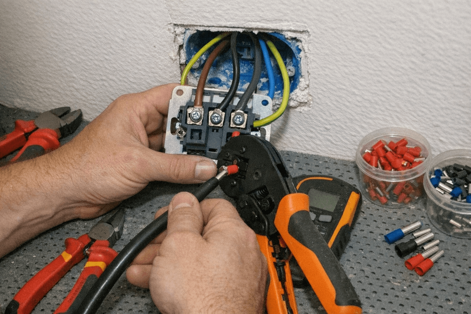 Sicherer Anschluss der Starkstromleitung an die Klemmen der Wanddose