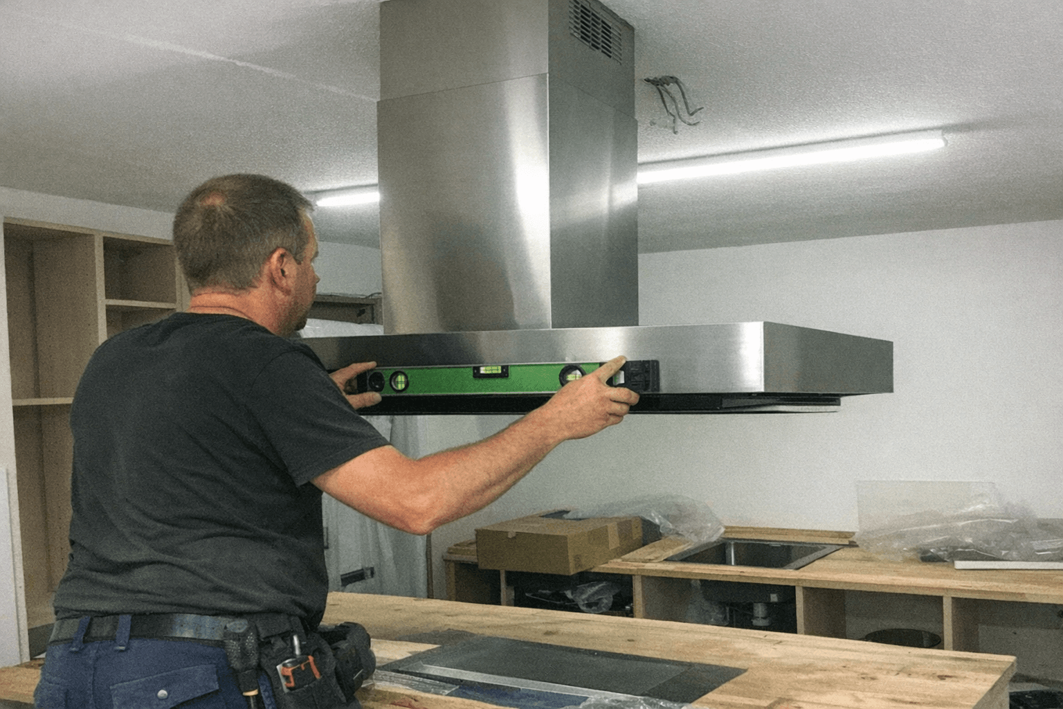 Elektriker installiert zusätzliche Steckdosen in der Küchenrückwand, während ein Absaugsystem läuft