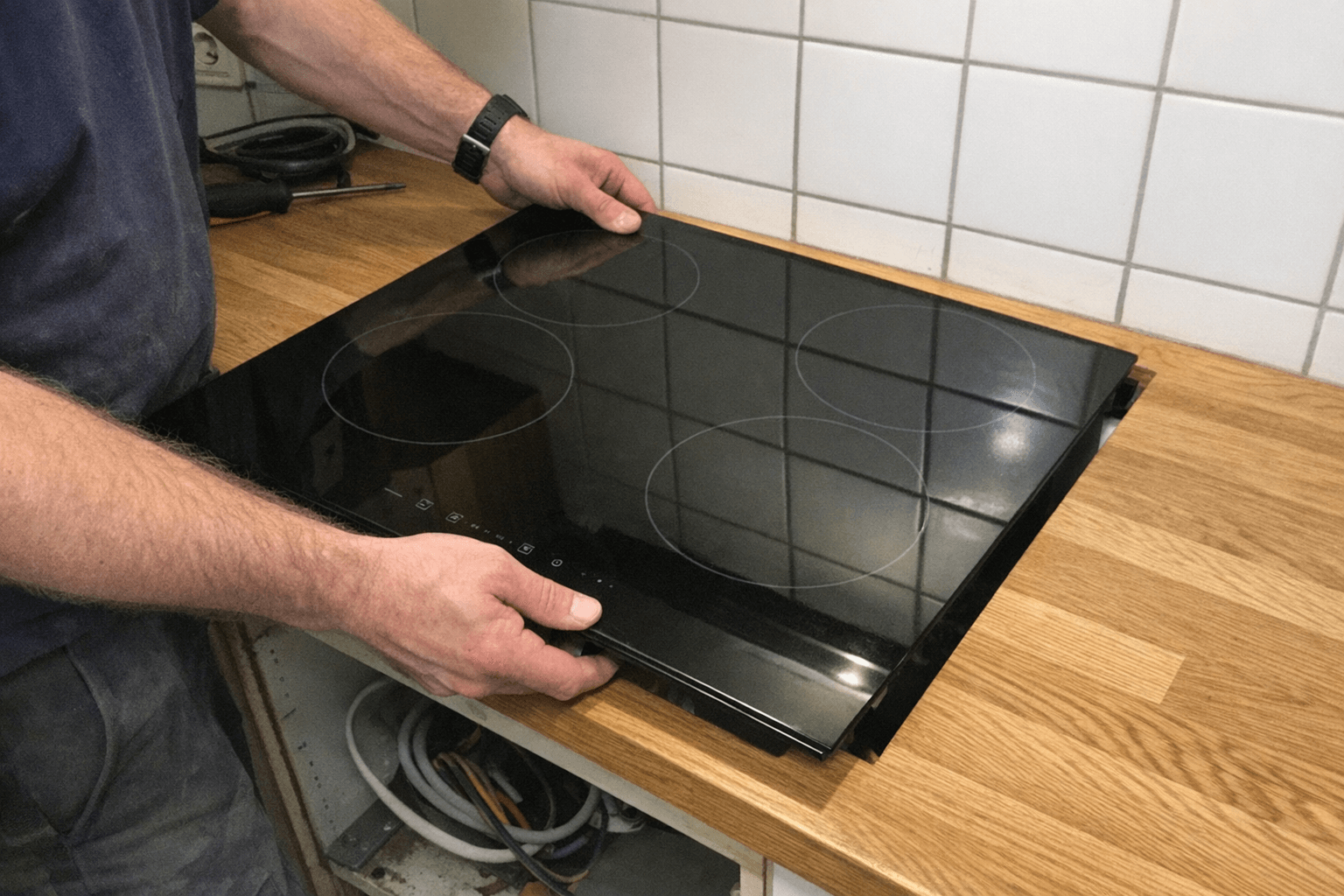 Induktionskochfeld wird bündig in die Arbeitsplatte eingesetzt und ausgerichtet
